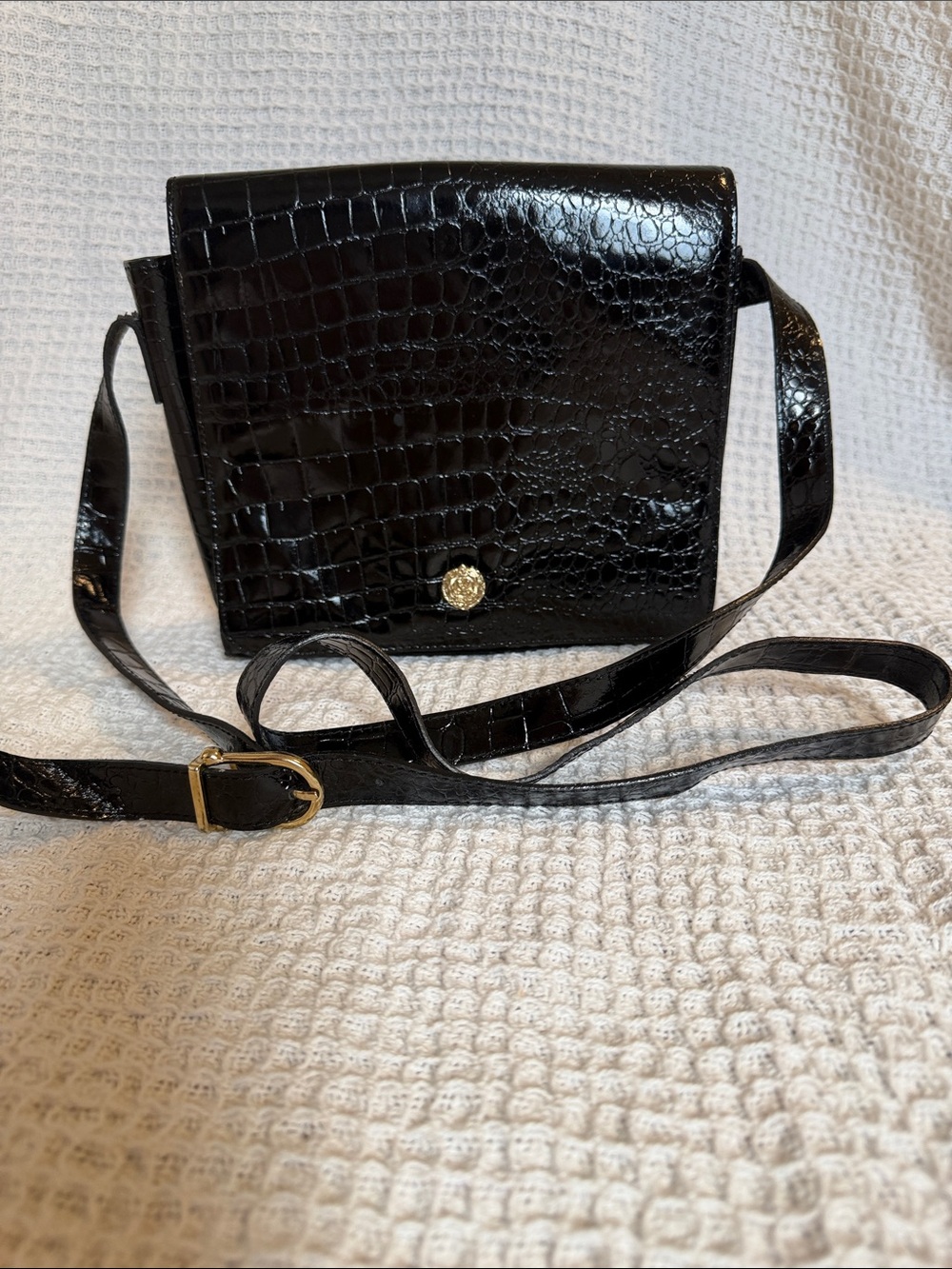 Black Croc-Embossed Leather Crossbody with Gold Accent
